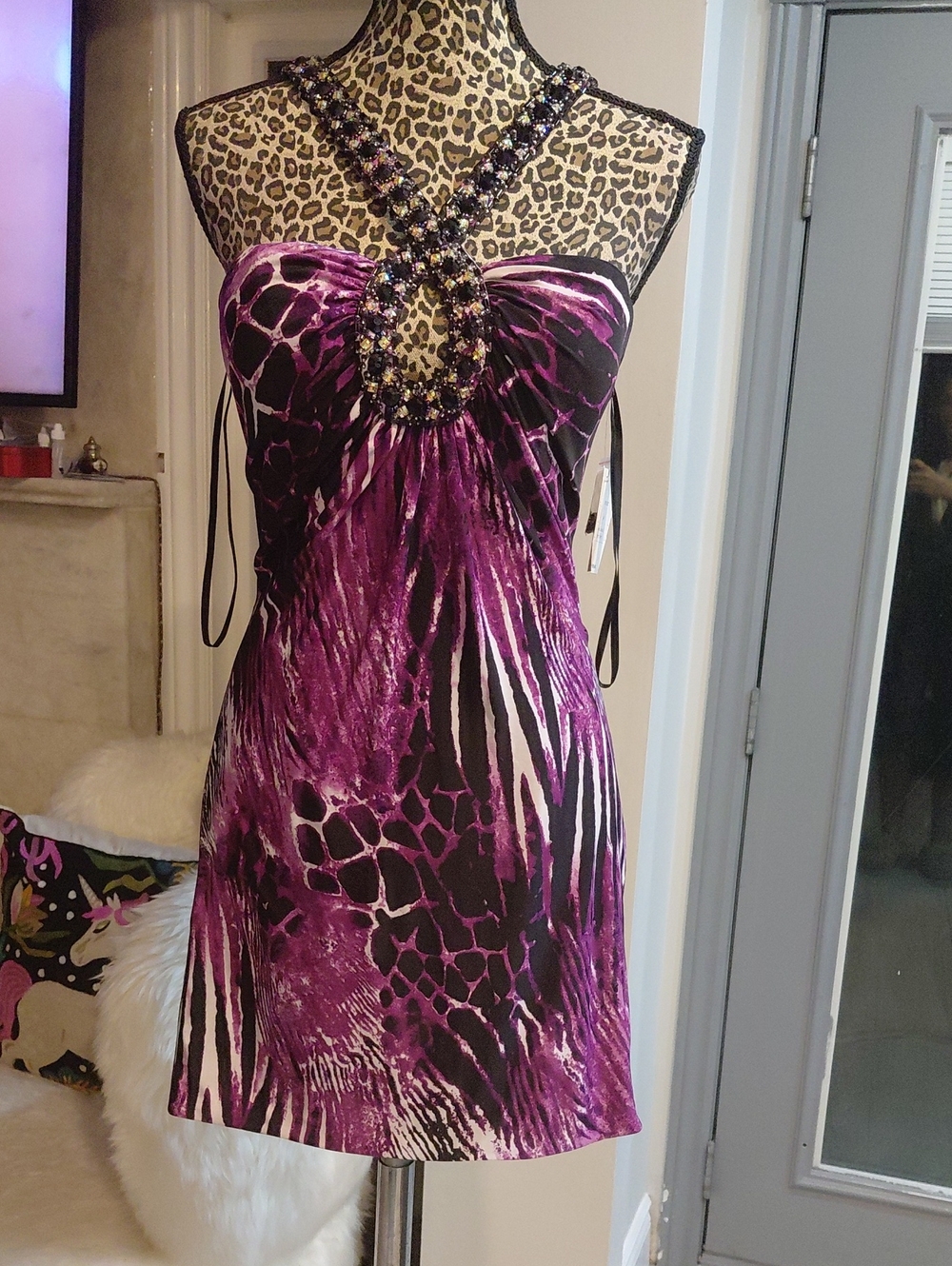 Purple Beaded Halter Mini Dress